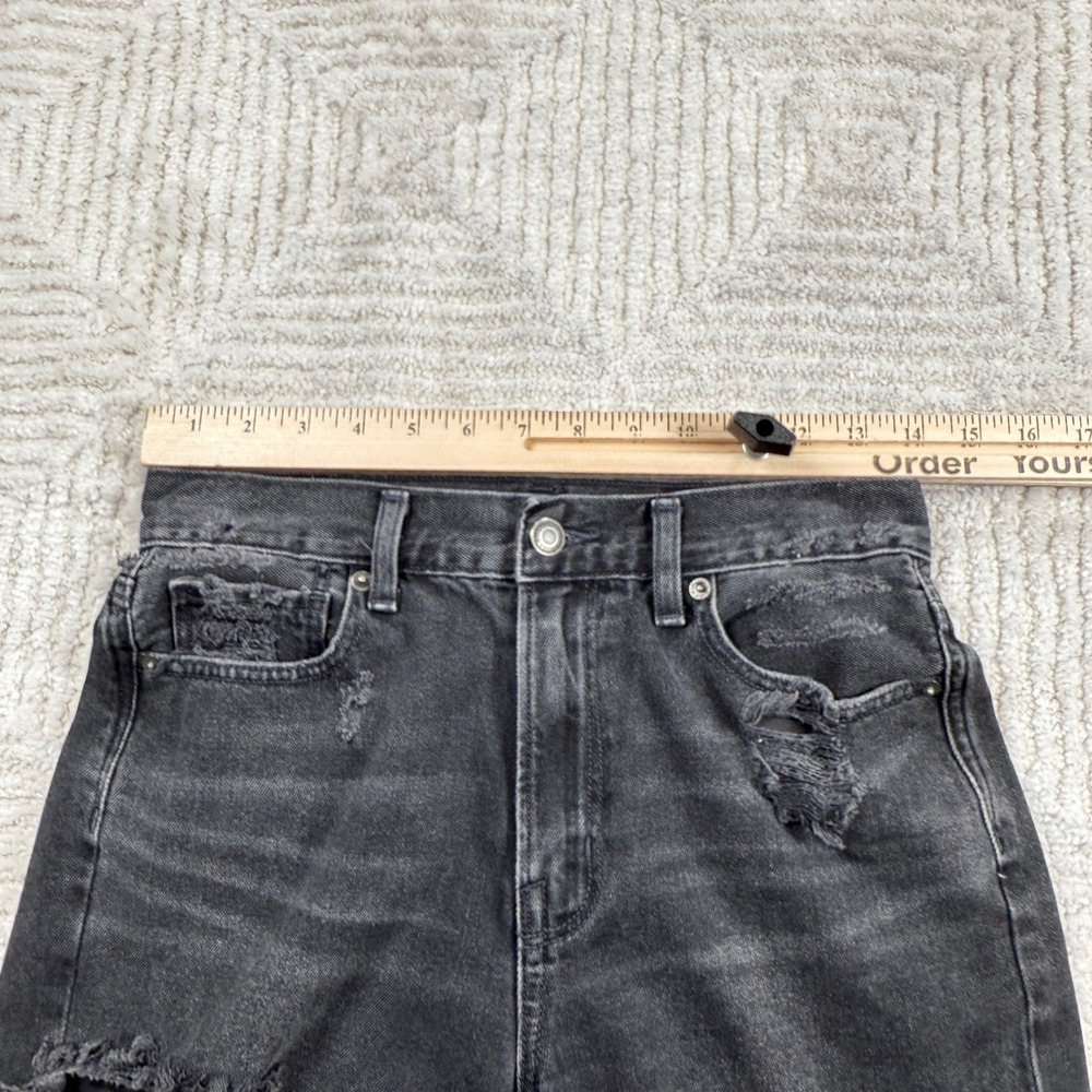American Eagle Mom Jeans Women 2 X-Short Black Distressed High Rise Ripped Denim - Picture 13 of 15